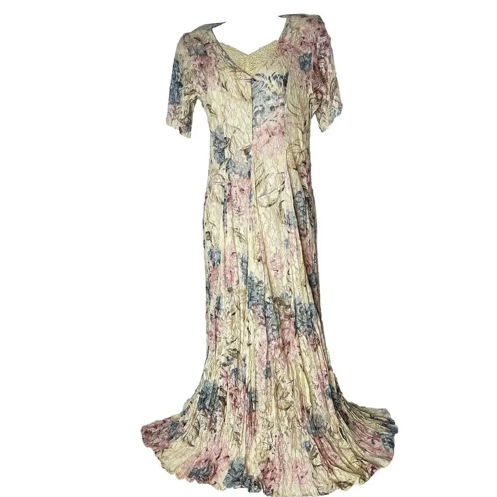 Vintage Lace Floral Maxi Dress S Rayon Cottagecore Indie Romantic Grunge 90s - Picture 3 of 12